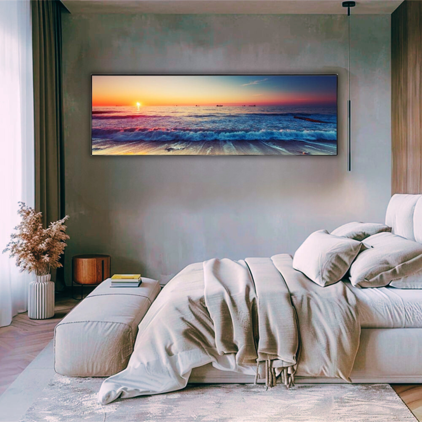 Tranquil Drift – Framed Sunset Ocean Wall Art (50x150cm)