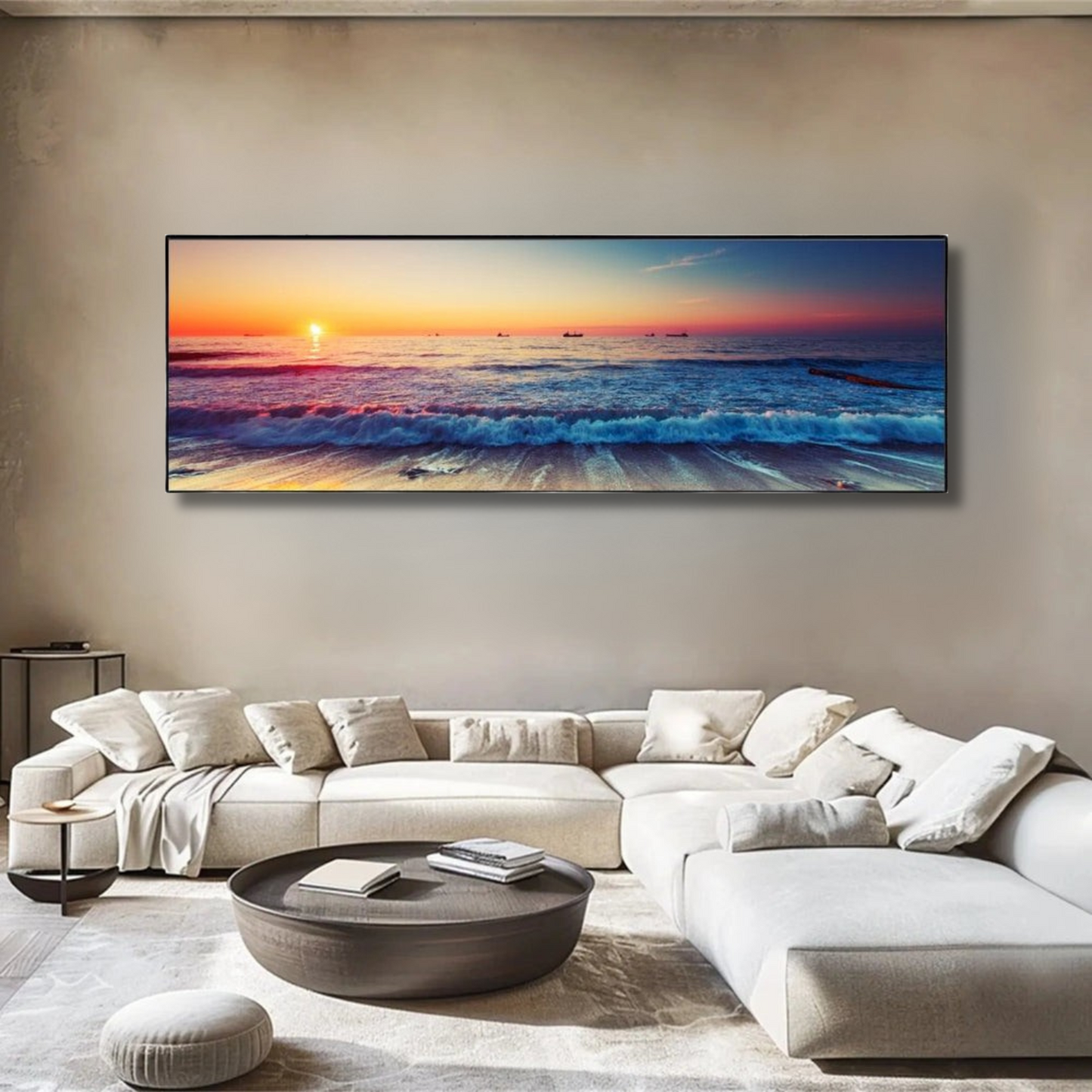 Tranquil Drift – Framed Sunset Ocean Wall Art (50x150cm)