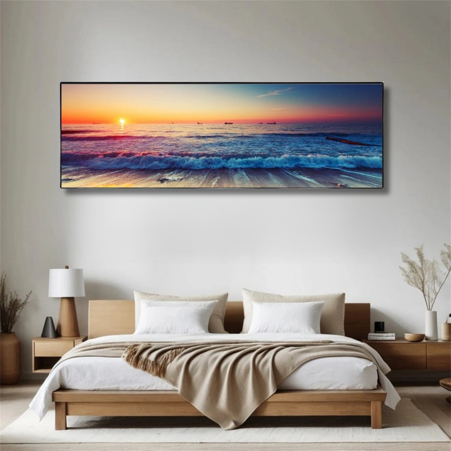 Tranquil Drift – Framed Sunset Ocean Wall Art (50x150cm)