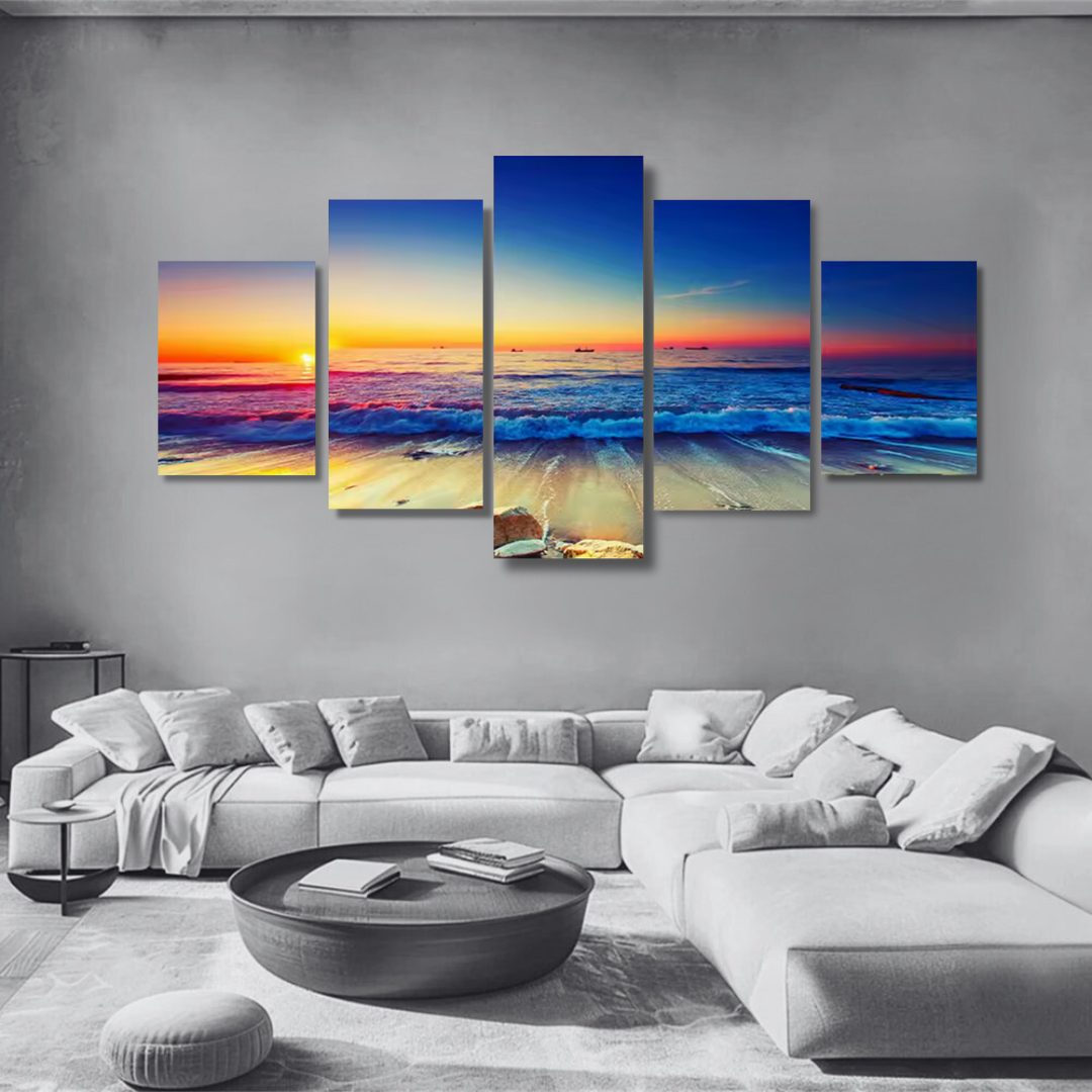 Sunset Serenity – 5-Piece Ocean Horizon Framed Canvas Wall Art Set