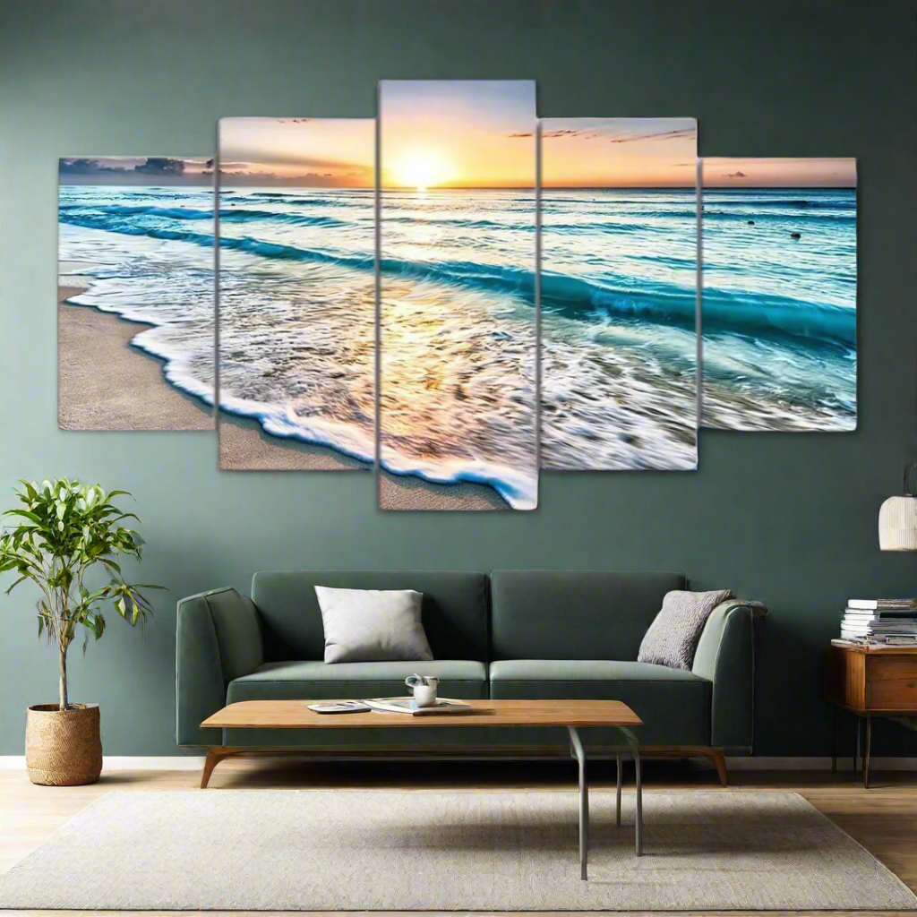 5 Panels Beach Sunset Framed Canvas Prints - Art Wall Melbourne