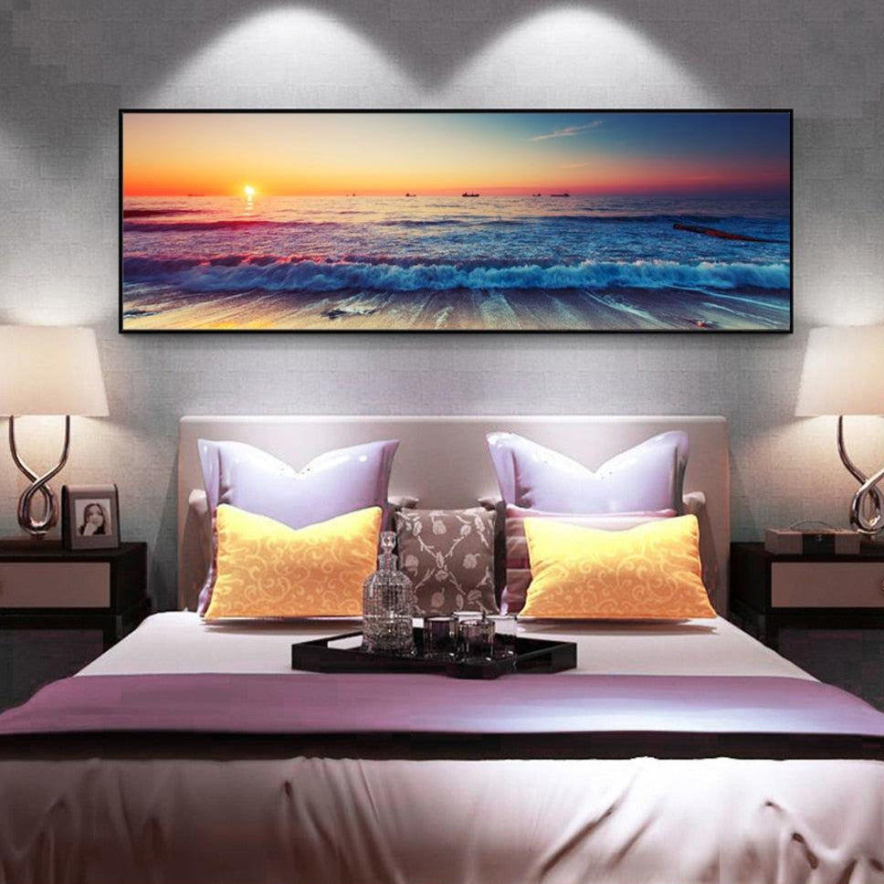 Tranquil Drift – Framed Sunset Ocean Wall Art (50x150cm)