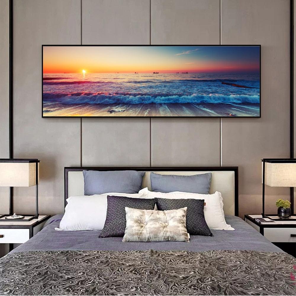 Tranquil Drift – Framed Sunset Ocean Wall Art (50x150cm)