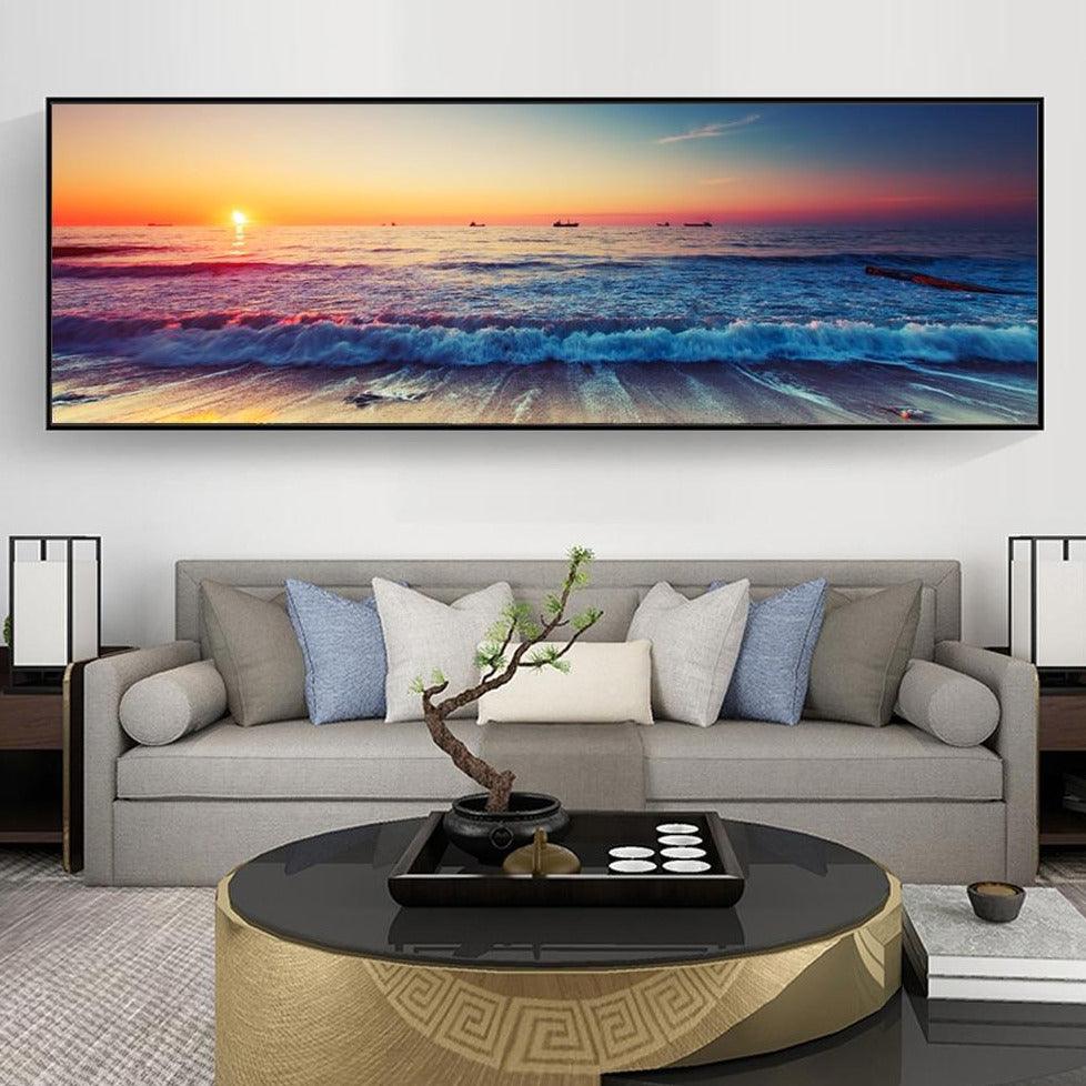 Tranquil Drift – Framed Sunset Ocean Wall Art (50x150cm)