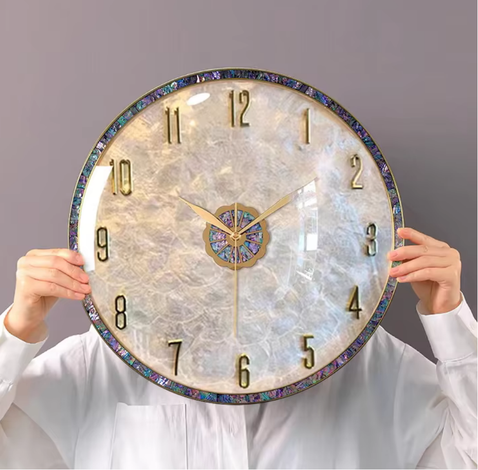 Elegant Abalone & Gold Wall Clock – 36cm Coastal Luxe Decor Statement