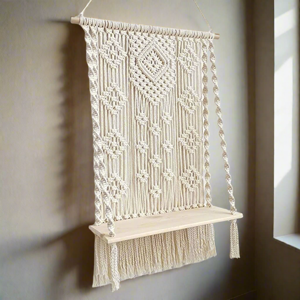 Handmade Macrame Wooden Floating Shelf Wall Hanging Planter - Art Wall Melbourne
