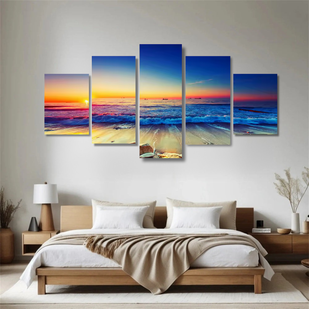 Sunset Serenity – 5-Piece Ocean Horizon Framed Canvas Wall Art Set - Art Wall Melbourne