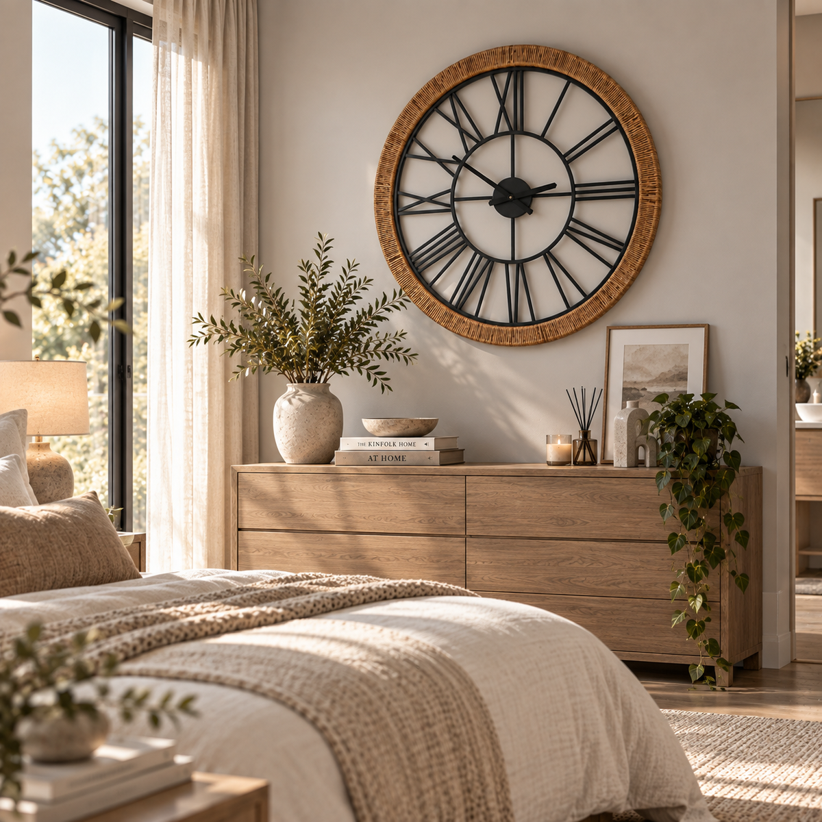 Verona Oversized Roman Wall Clock – Natural Rattan & Black Iron Wall Art Clock 76.5cm