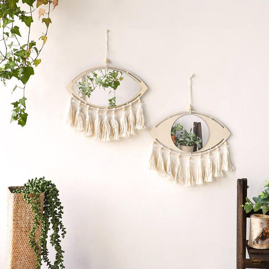 2 Pcs Set - Rustic Wood Evil Eye Wall Mirrors - artwallmelbourne