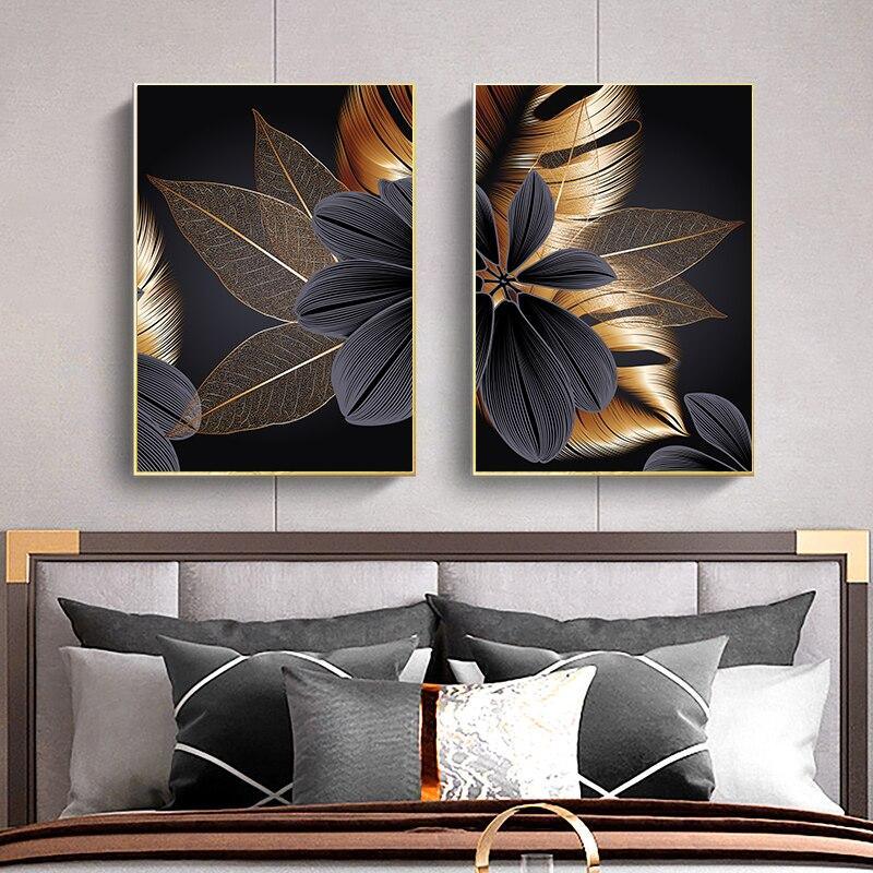 Black Golden Plant Leaf Canvas Poster Print Modern Home Decor Abstract Wall Art Painting Nordic Living Room Decoration Picture - Fansee Australia