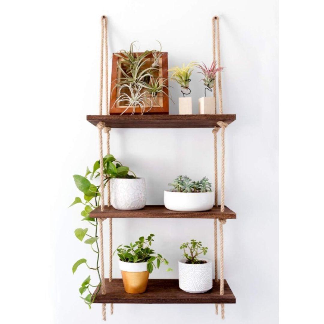 3 Tiers Rustic Wood Jute Rope Floating Shelf - artwallmelbourne