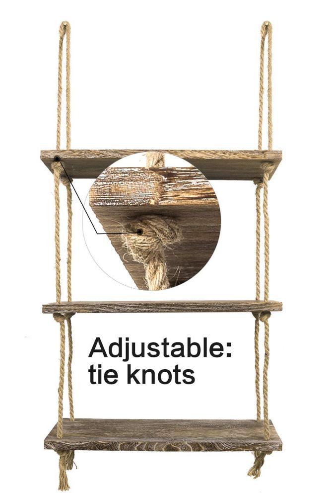 3 Tiers Rustic Wood Jute Rope Wall Hanging Floating Shelf - Fansee Australia