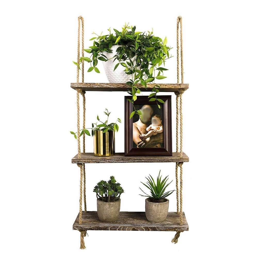 3 Tiers Rustic Wood Jute Rope Wall Hanging Floating Shelf - Fansee Australia