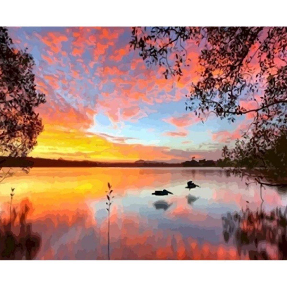 Sunset By The Lake Painting By Numbers Kit (40x50cm Framed Canvas) - Fansee Australia