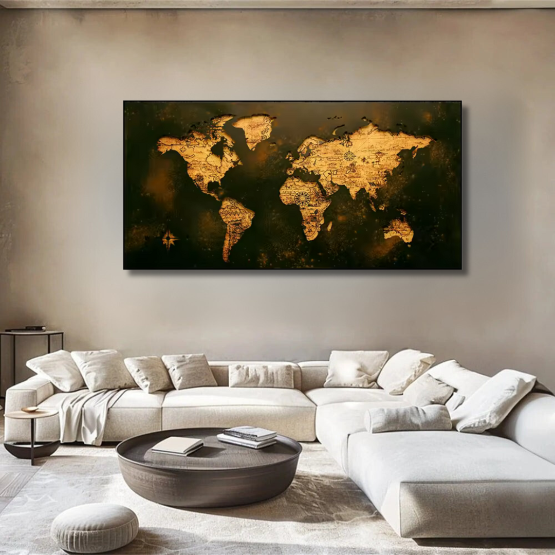 Vintage World Map Framed Canvas Print – 70x100cm Explorer Wall Art