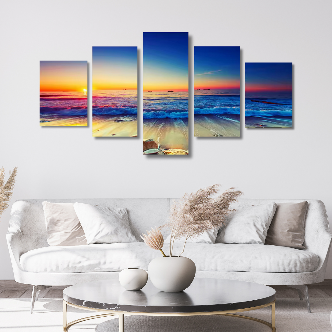 Sunset Serenity – 5-Piece Ocean Horizon Framed Canvas Wall Art Set