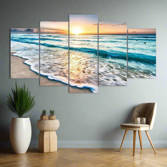 5 Panels Beach Sunset Framed Canvas Prints - Art Wall Melbourne
