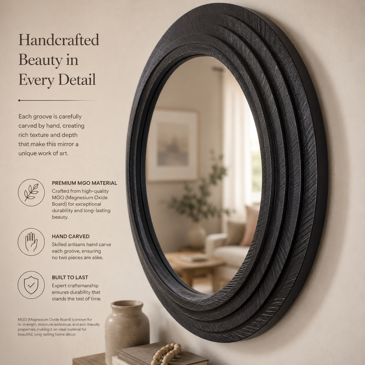 A round handcrafted mirror with a thick, textured dark gray to black wooden frame, mounted on a beige wall next to descriptive text and icons highlighting its premium MDF material and hand-carved details.