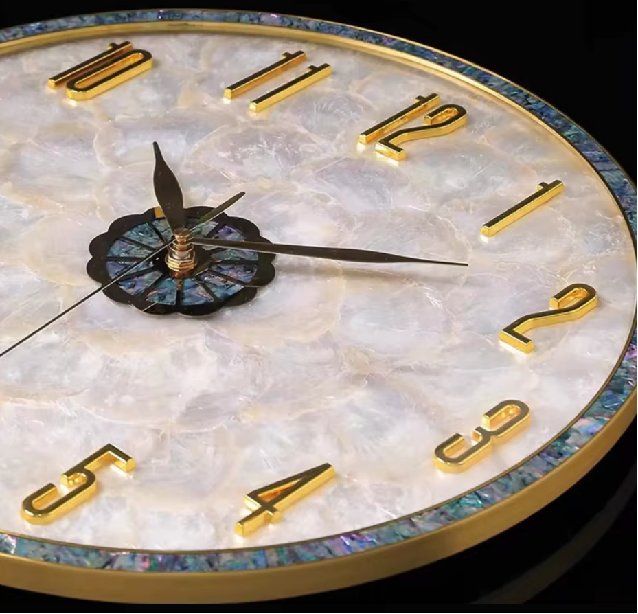 Elegant Abalone & Gold Wall Clock – 36cm Coastal Luxe Decor Statement
