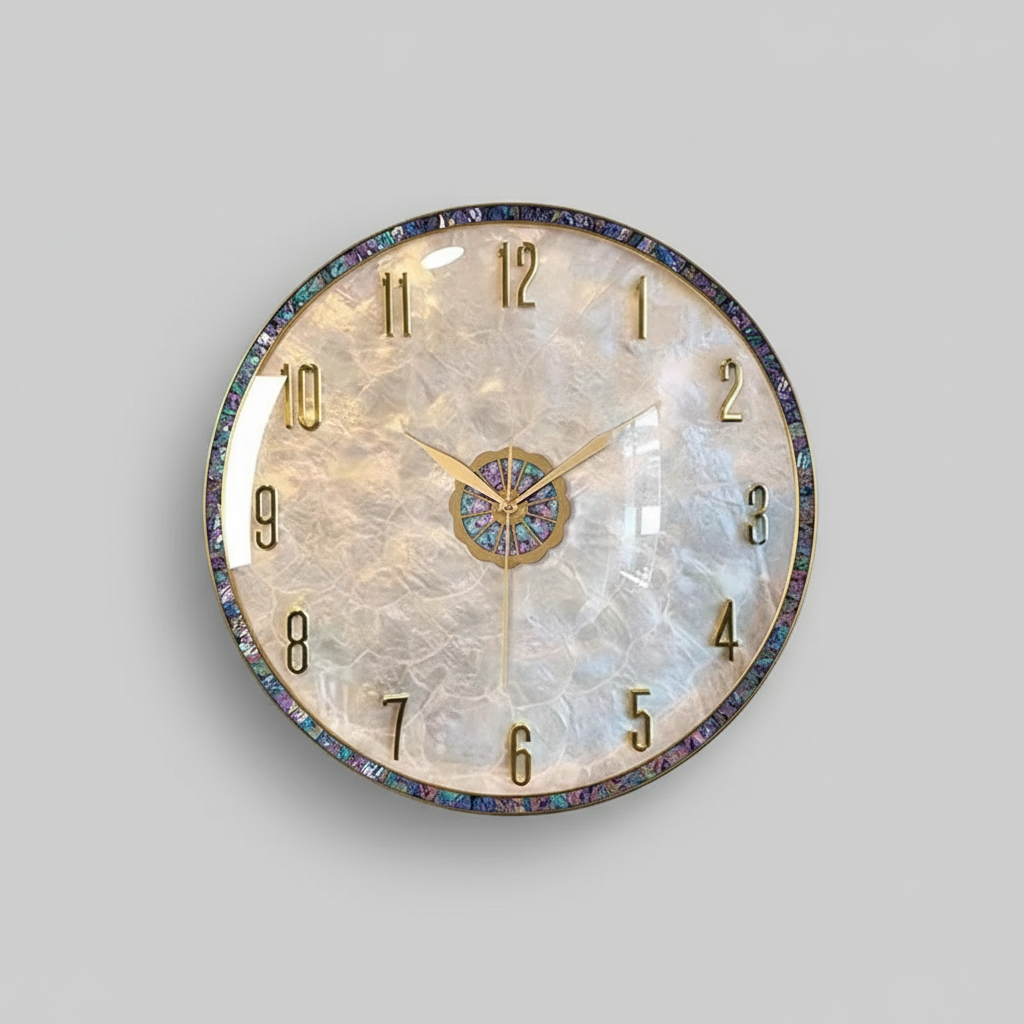Elegant Abalone & Gold Wall Clock – 36cm Coastal Luxe Decor Statement