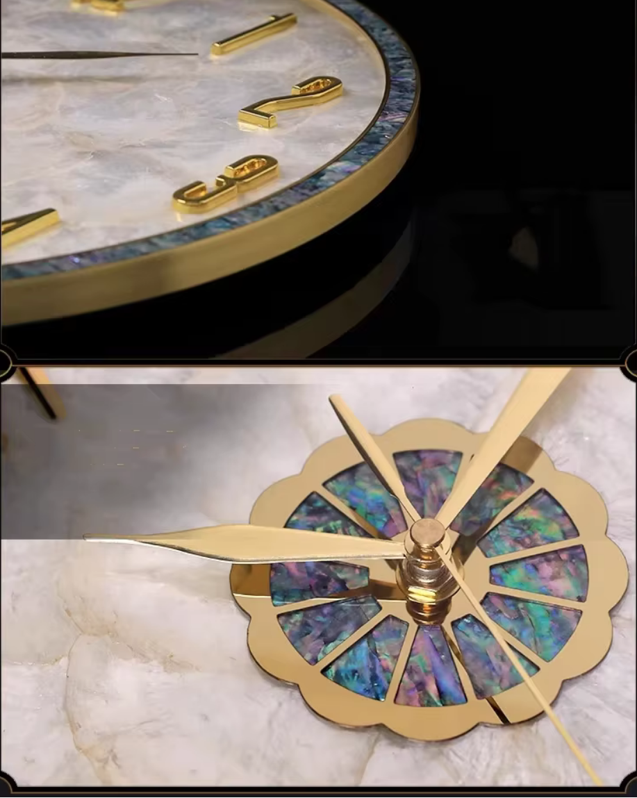 Elegant Abalone & Gold Wall Clock – 36cm Coastal Luxe Decor Statement