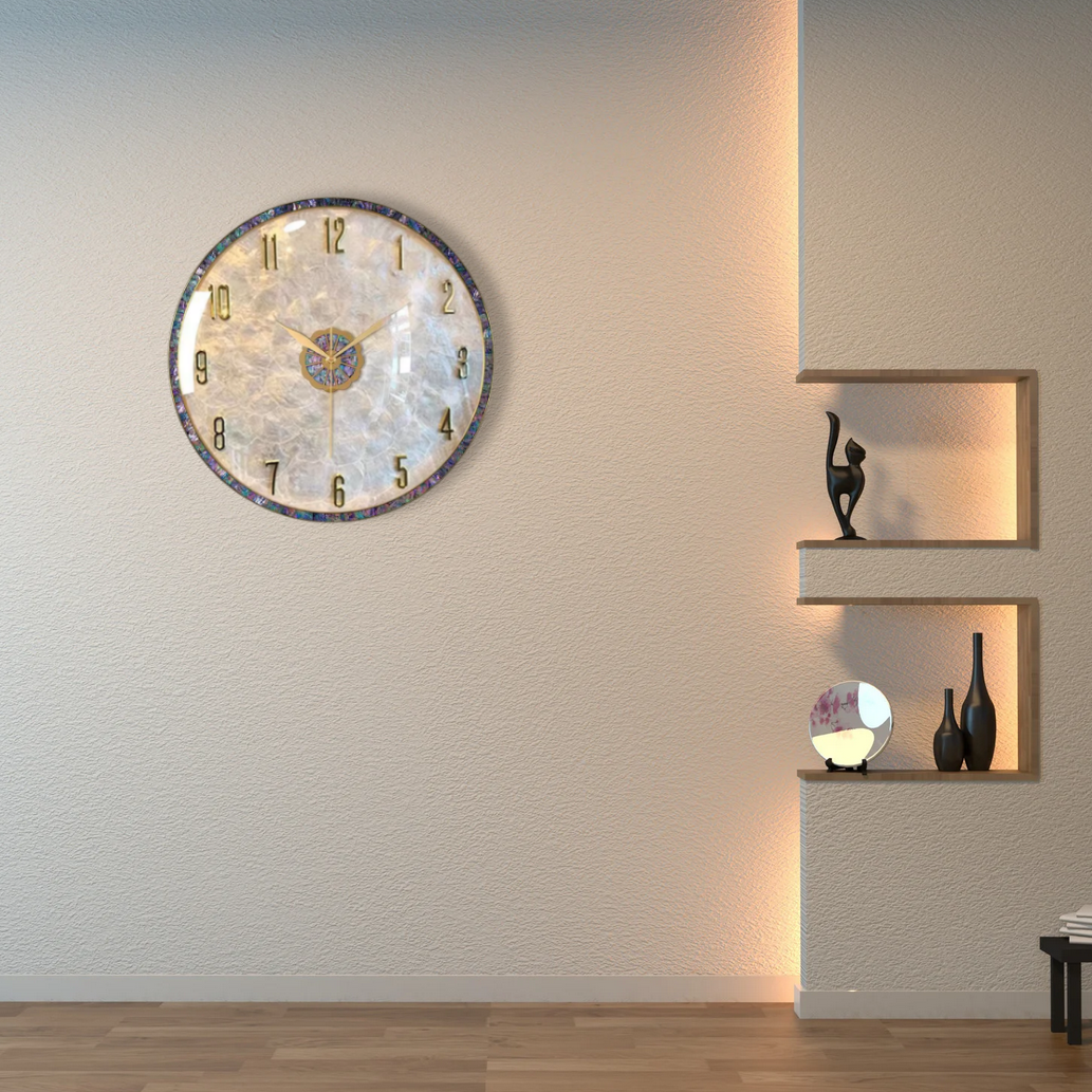 Elegant Abalone & Gold Wall Clock – 36cm Coastal Luxe Decor Statement