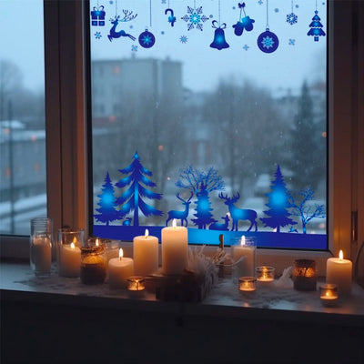 Blue Pine Trees & Deer Christmas Window Clings Christmas Stickers