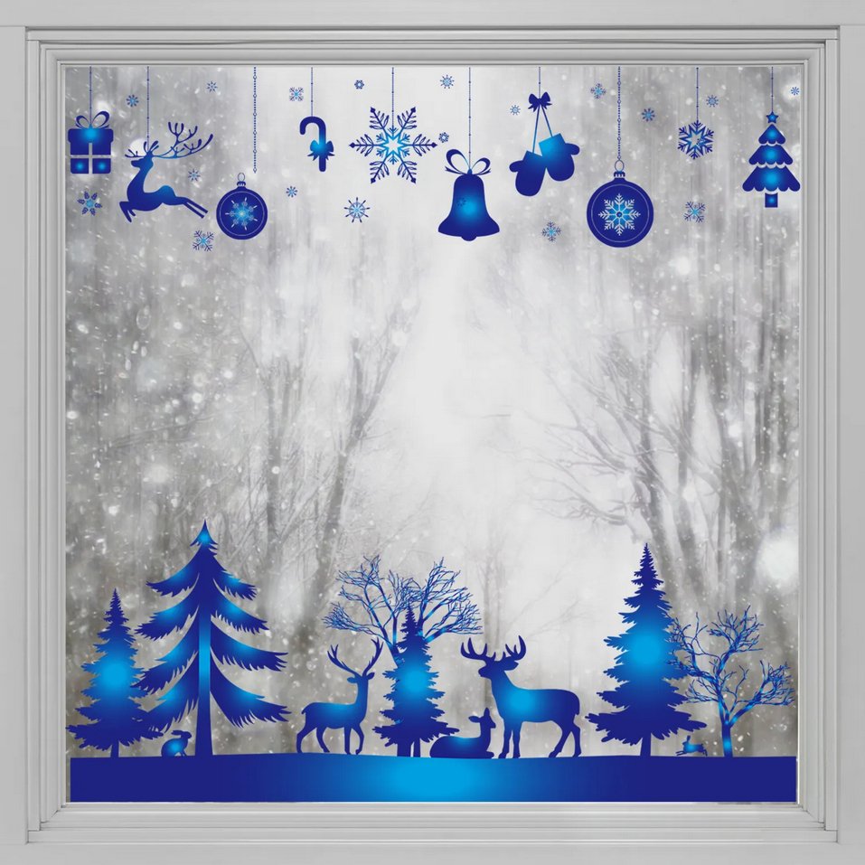 Blue Pine Trees & Deer Christmas Window Clings Christmas Stickers - Fansee Australia