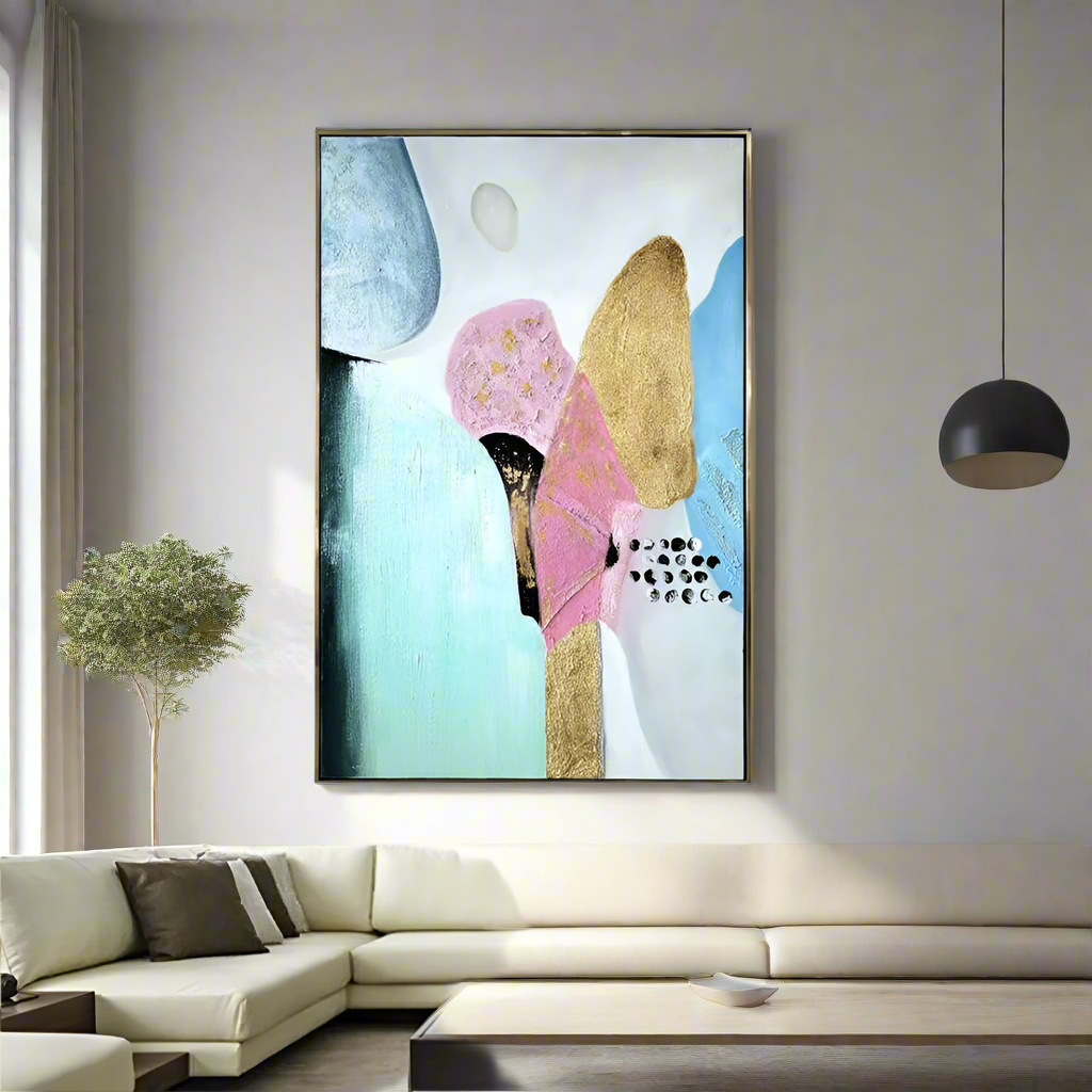 Blush Bloom – Pastel & Gold Abstract Framed Painting - Art Wall Melbourne