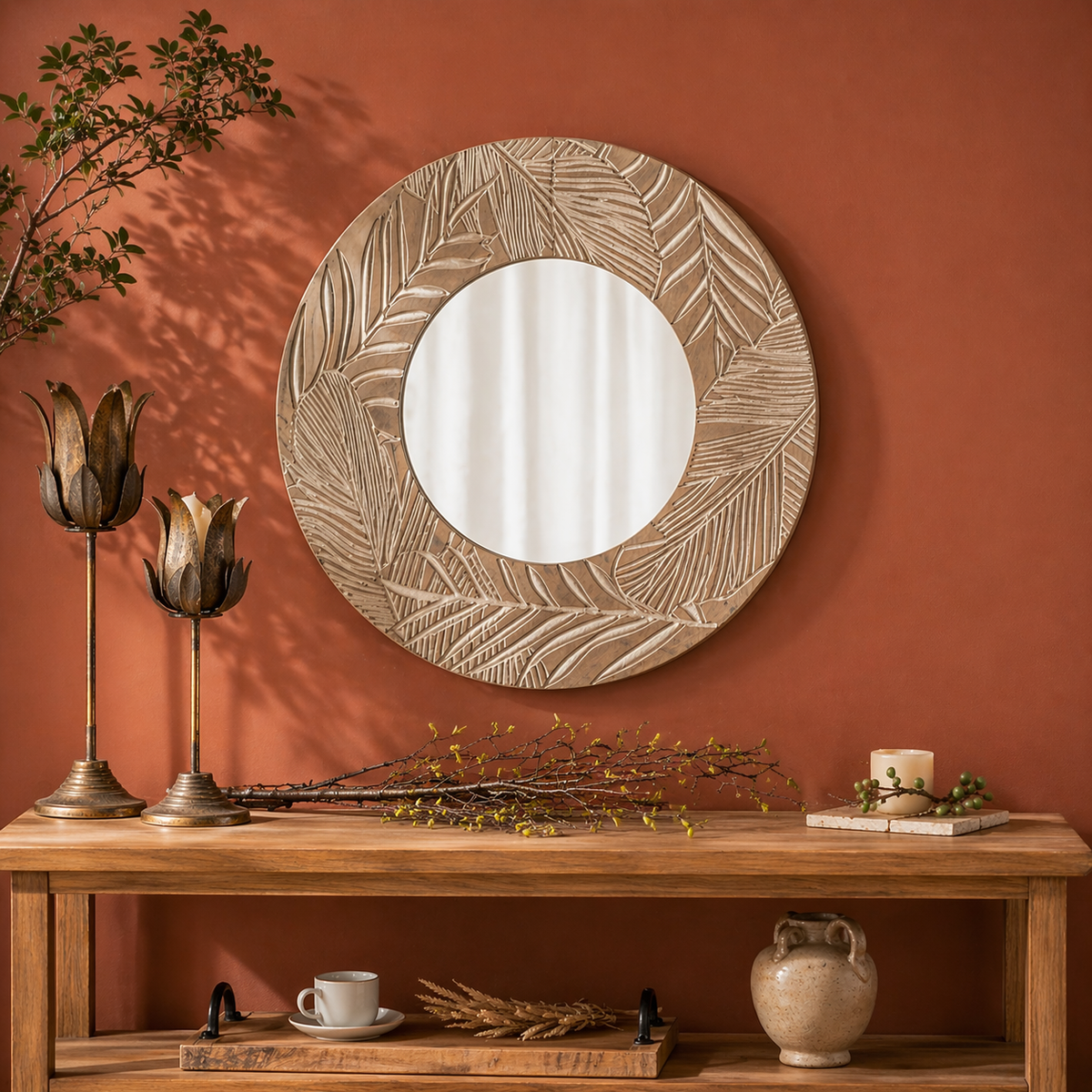 Botanica Carved Wood Round Mirror – Artisan Leaf Wall Decor