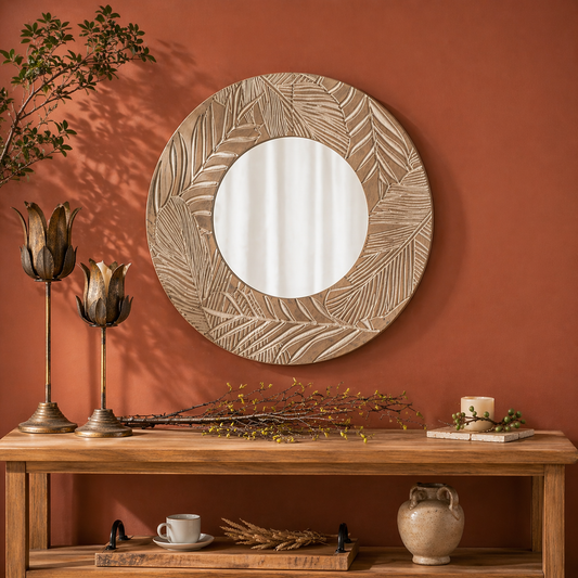 Botanica Carved Wood Round Mirror – Artisan Leaf Wall Decor