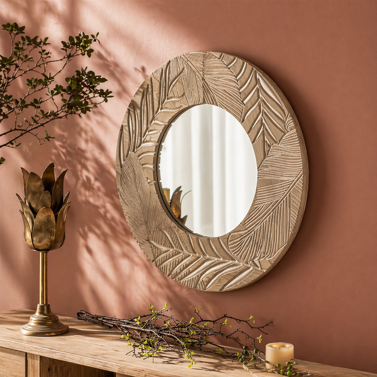 Botanica Carved Wood Round Mirror – Artisan Leaf Wall Decor