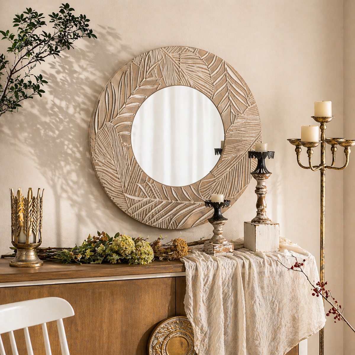 Botanica Carved Wood Round Mirror – Artisan Leaf Wall Decor