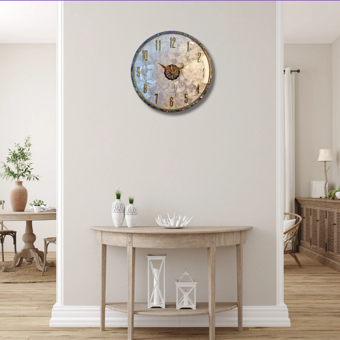 Elegant Abalone & Gold Wall Clock – 36cm Coastal Luxe Decor Statement - Art Wall Melbourne