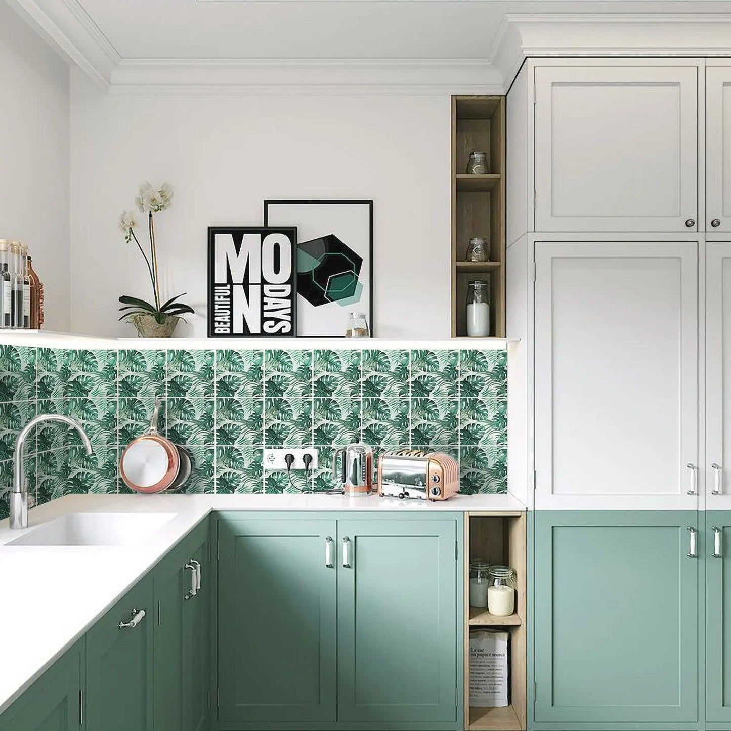 Green Botanical Leaves Self-Adhesive Textured Vinyl Tiles Stickers - artwallmelbourne