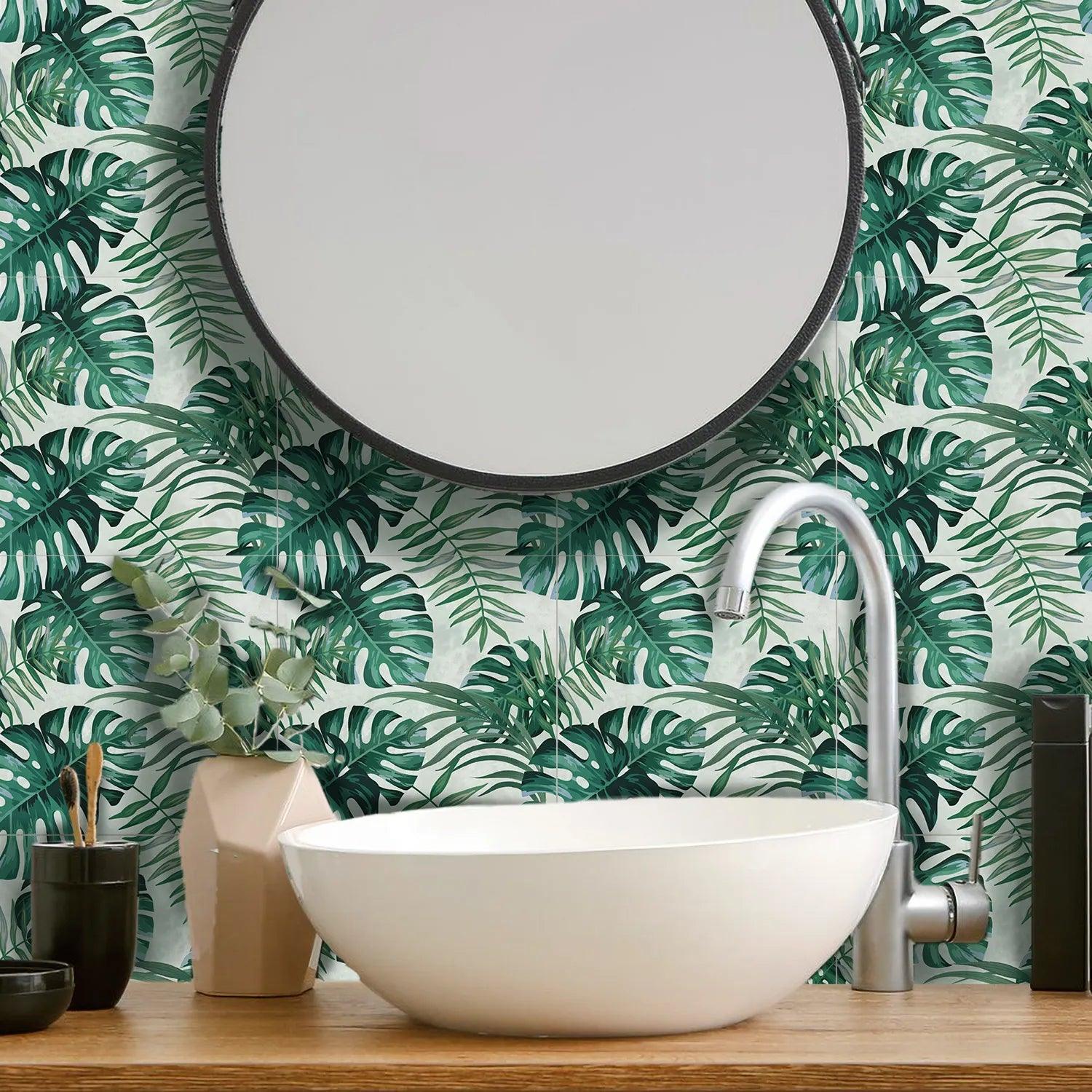 Green Botanical Leaves Self-Adhesive Textured Vinyl Tiles Stickers - artwallmelbourne