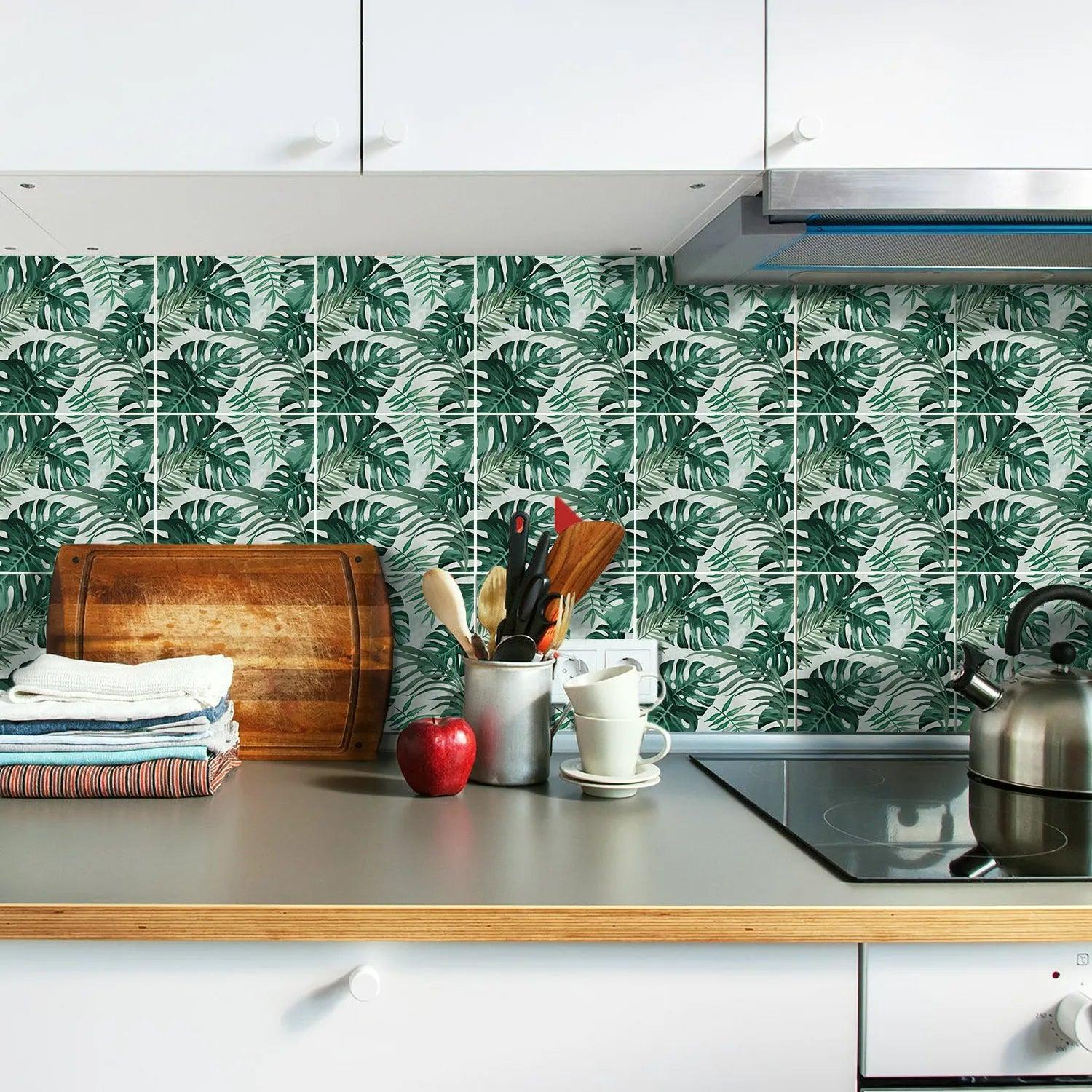 Green Botanical Leaves Self-Adhesive Textured Vinyl Tiles Stickers - artwallmelbourne