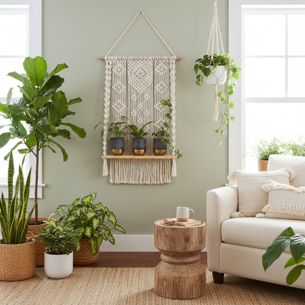 Handmade Macrame Wooden Floating Shelf Wall Hanging Planter - Art Wall Melbourne