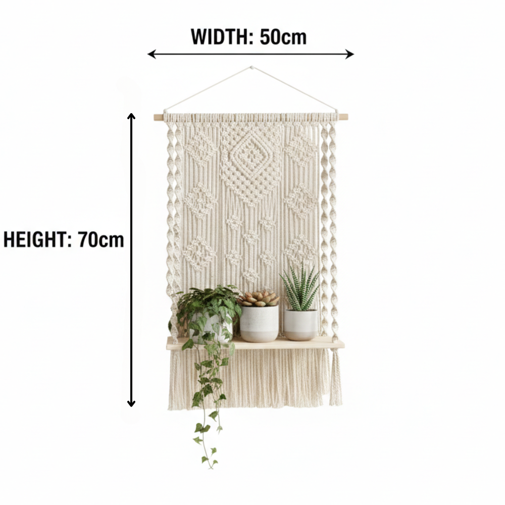 Handmade Macrame Wooden Floating Shelf Wall Hanging Planter - Art Wall Melbourne