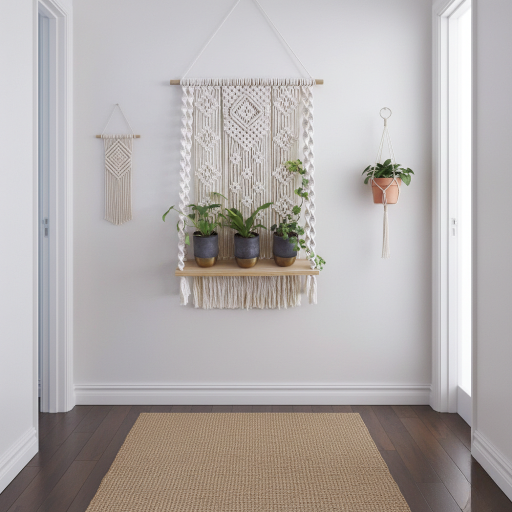Handmade Macrame Wooden Floating Shelf Wall Hanging Planter - Art Wall Melbourne