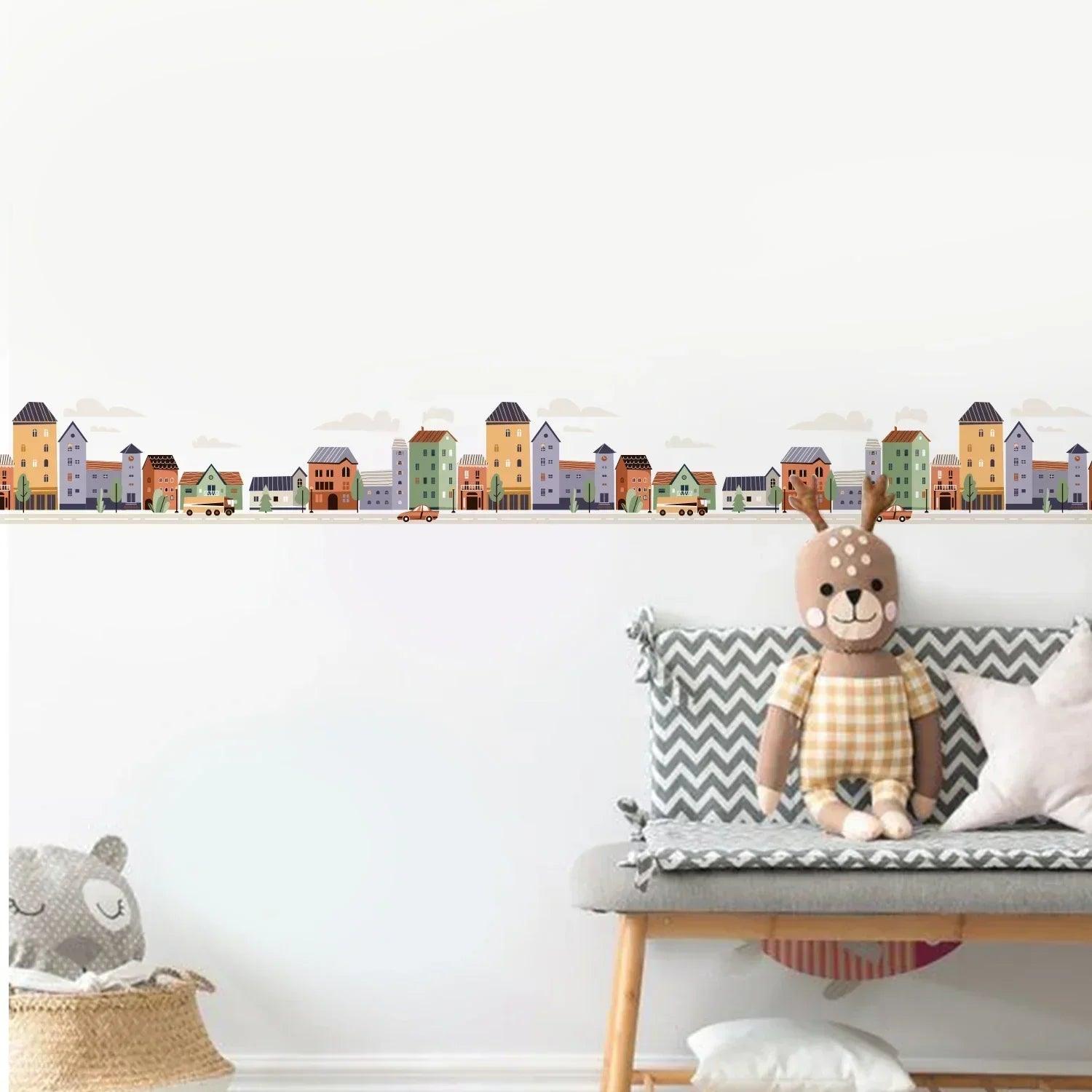 Houses On A City Street With Cars Wall Stickers - artwallmelbourne