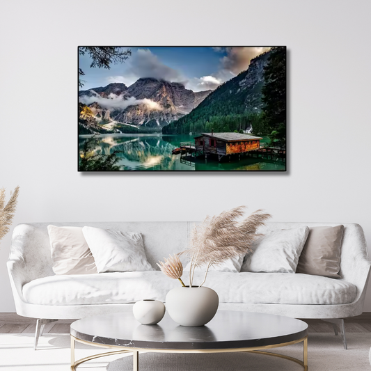 Lakeside Lodge – Framed Mountain Cabin Wall Art (75x100cm) - Art Wall Melbourne