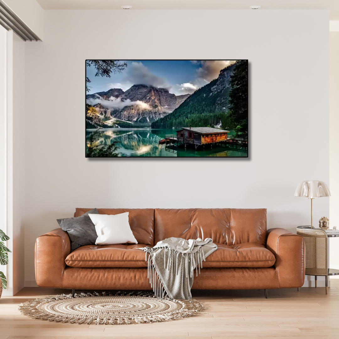 Lakeside Lodge – Framed Mountain Cabin Wall Art (75x100cm) - Art Wall Melbourne