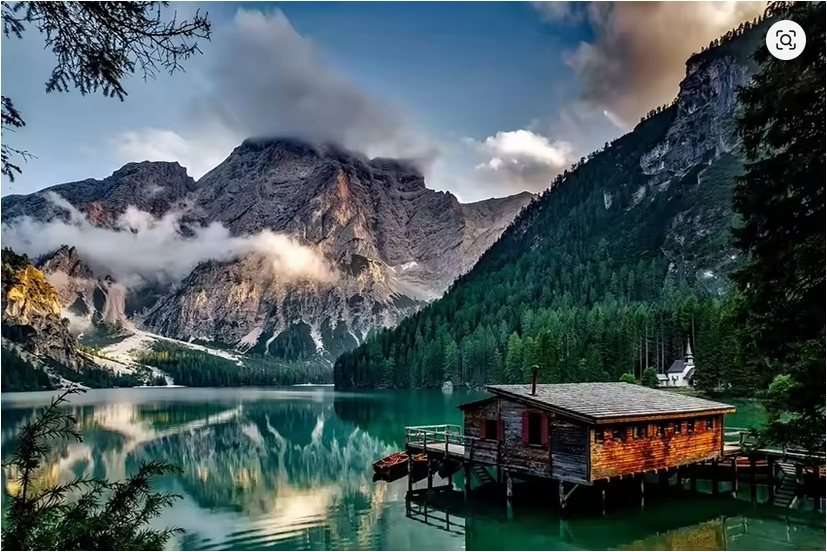 Lakeside Lodge – Framed Mountain Cabin Wall Art (75x100cm) - Art Wall Melbourne
