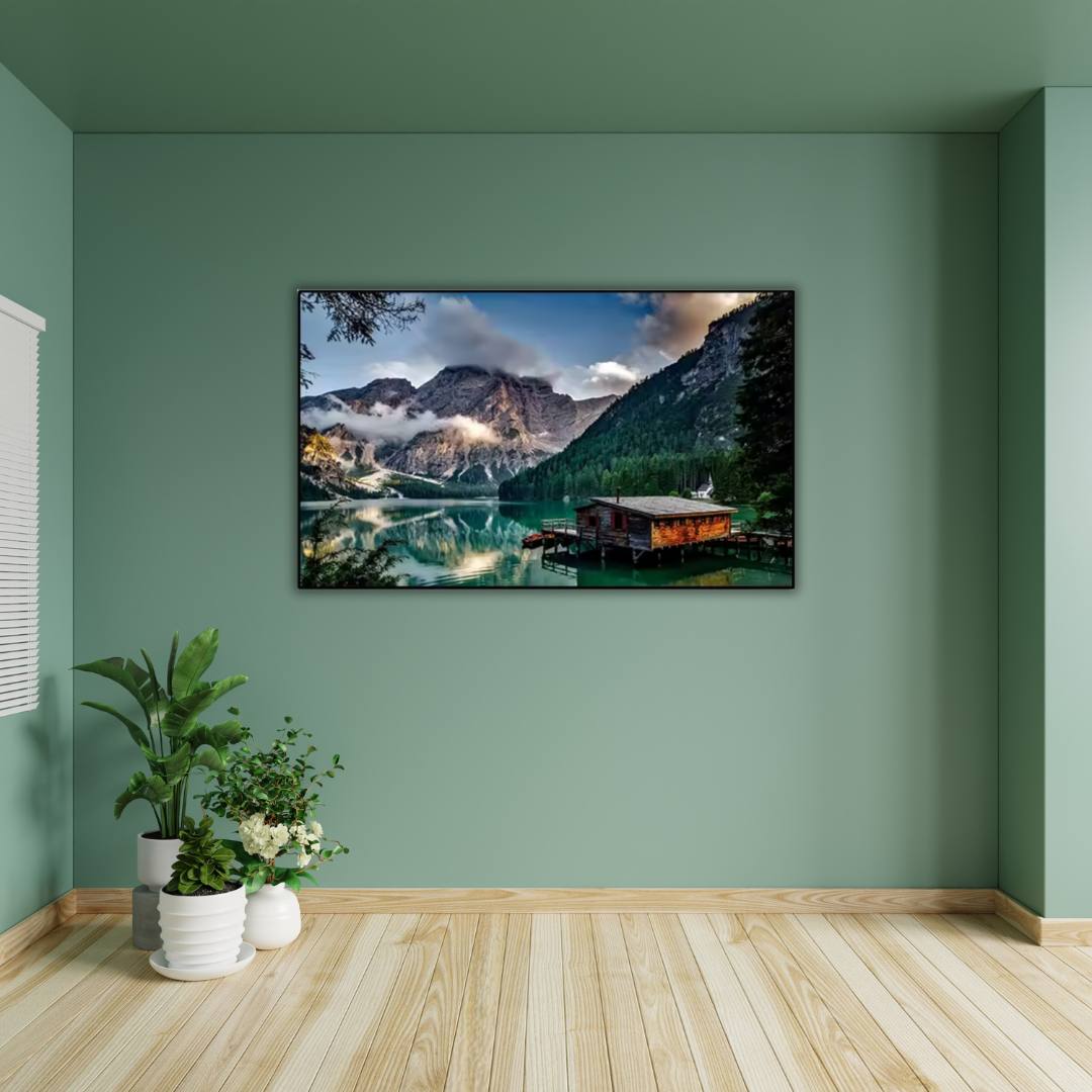 Lakeside Lodge – Framed Mountain Cabin Wall Art (75x100cm) - Art Wall Melbourne
