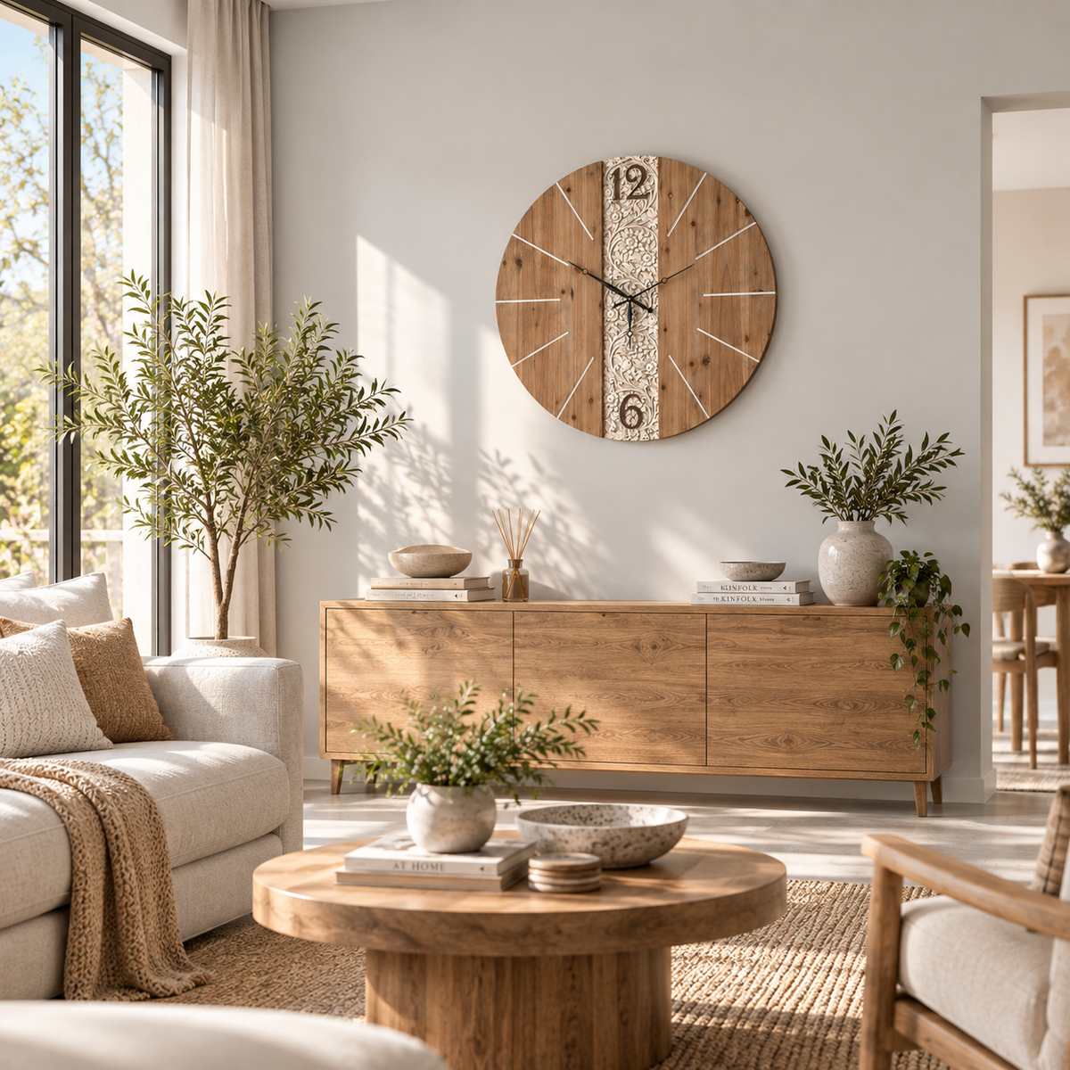 Large Carved Wood Wall Clock – Rustic Statement Wall Décor