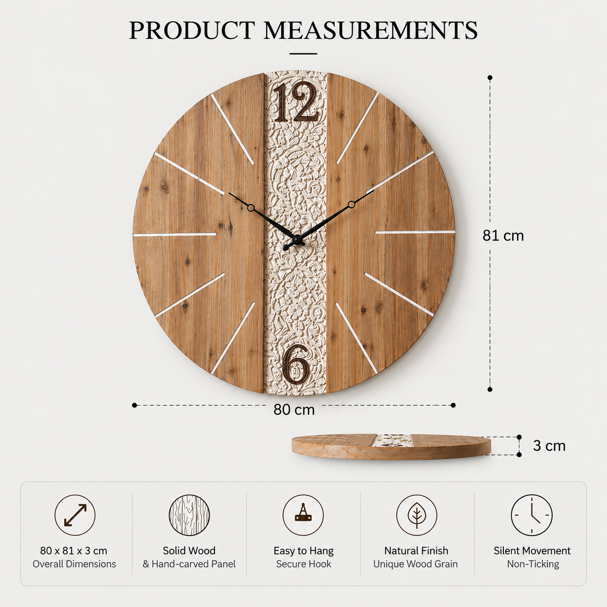 Large Carved Wood Wall Clock – Rustic Statement Wall Décor