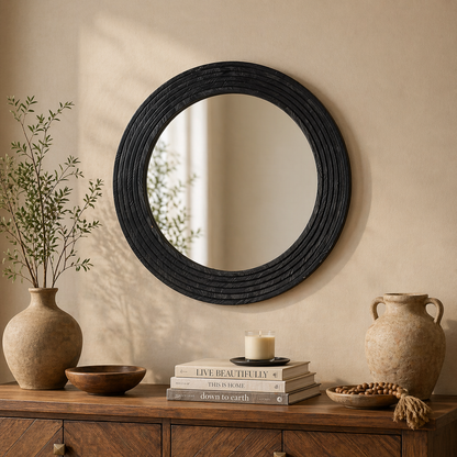 Obsidian Halo Round Wall Mirror – Contemporary Sculpted Statement Mirror