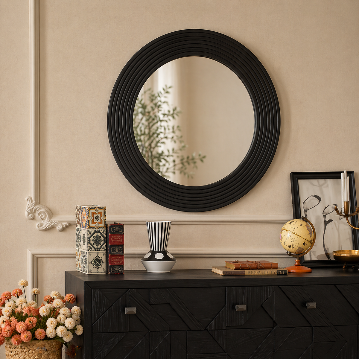 Obsidian Halo Round Wall Mirror – Contemporary Sculpted Statement Mirror