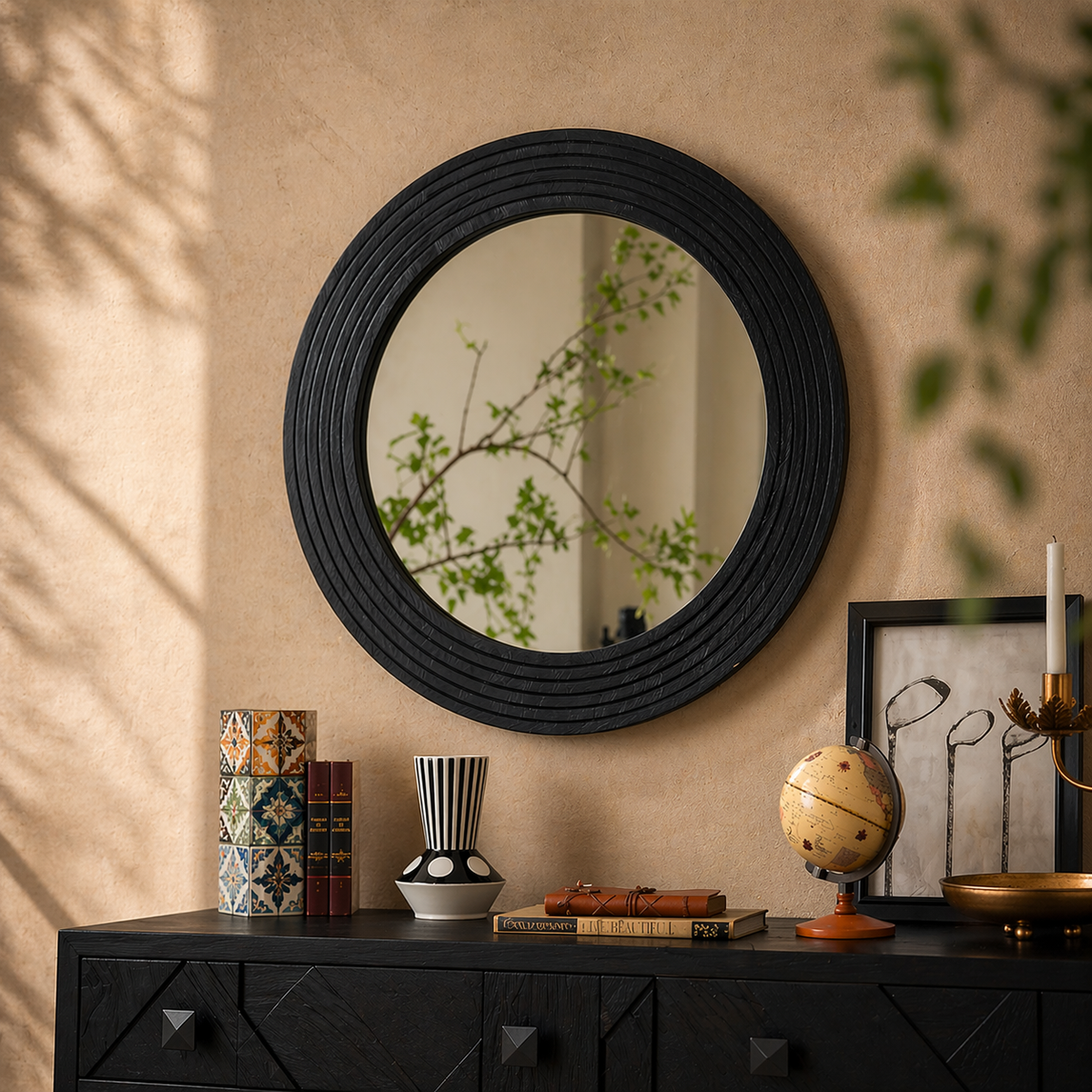 Obsidian Halo Round Wall Mirror – Contemporary Sculpted Statement Mirror